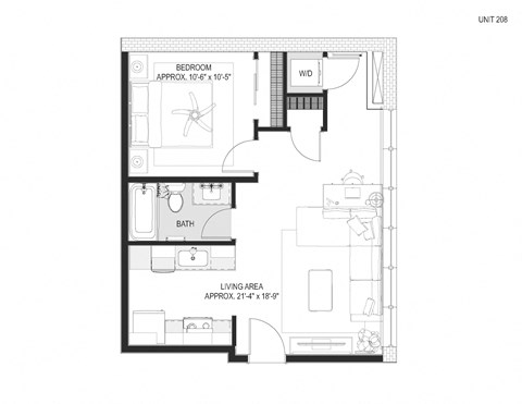 Floor plan for 1 bed, 1 bath, 594 sqft